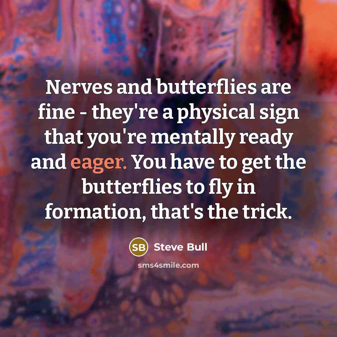 “Nerves and butterflies are fine - they're a physical sign that you're mentally ready and eager. You have to get the butterflies to fly in formation, that's the trick.” quote by Steve Bull