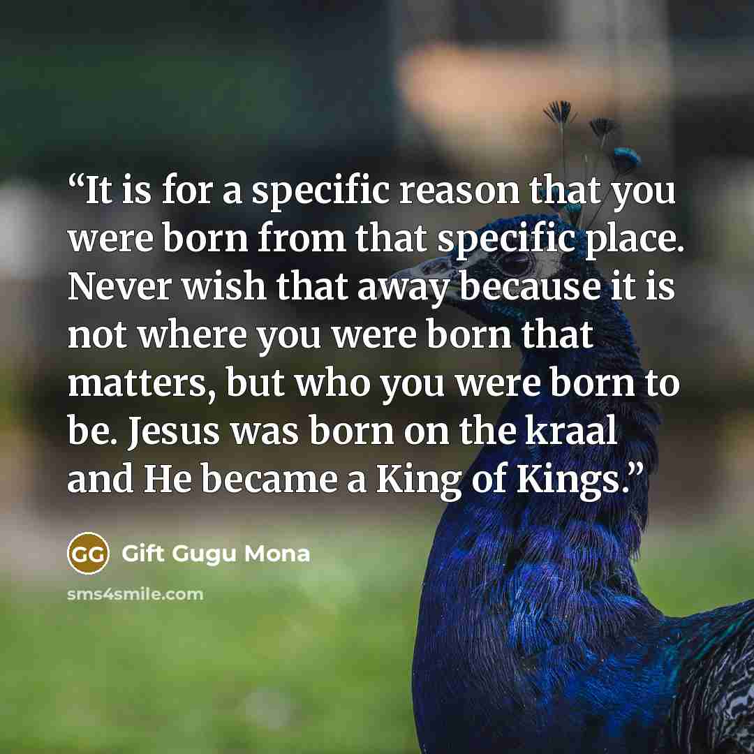 “It is for a specific reason that you were born from that specific place. Never wish that away because it is not where you were born that matters, but who you were born to be. Jesus was born on the kraal and He became a King of Kings.” quote by Gift Gugu Mona