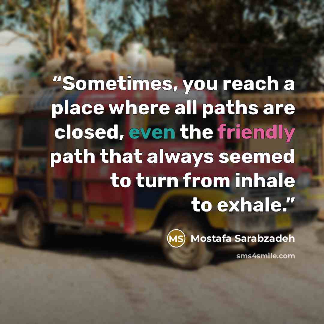 “Sometimes, you reach a place where all paths are closed, even the friendly path that always seemed to turn from inhale to exhale.” quote by Mostafa Sarabzadeh