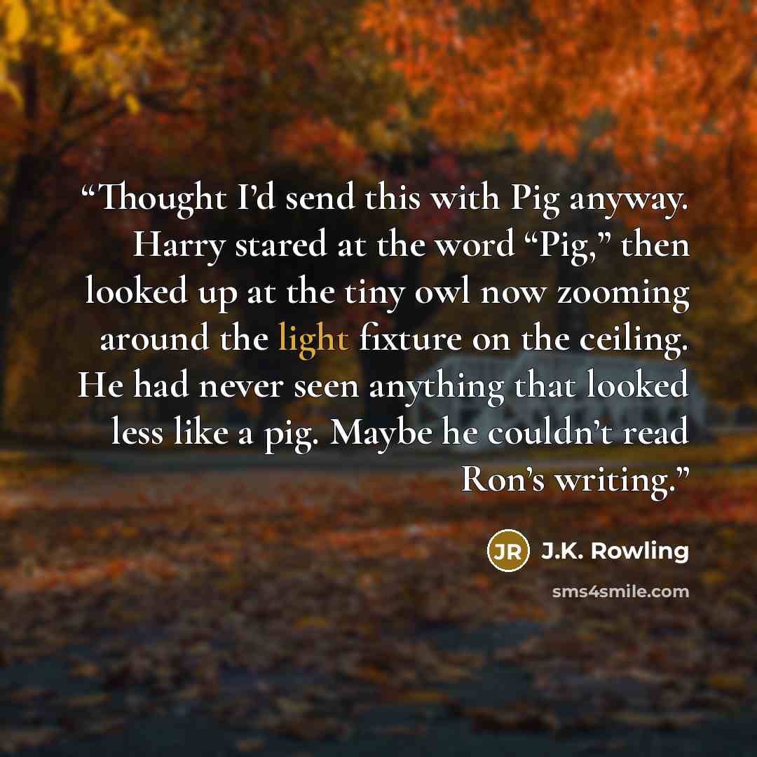 “Thought I’d send this with Pig anyway. Harry stared at the word “Pig,” then looked up at the tiny owl now zooming around the light fixture on the ceiling. He had never seen anything that looked less like a pig. Maybe he couldn’t read Ron’s writing.” quote by J.K. Rowling