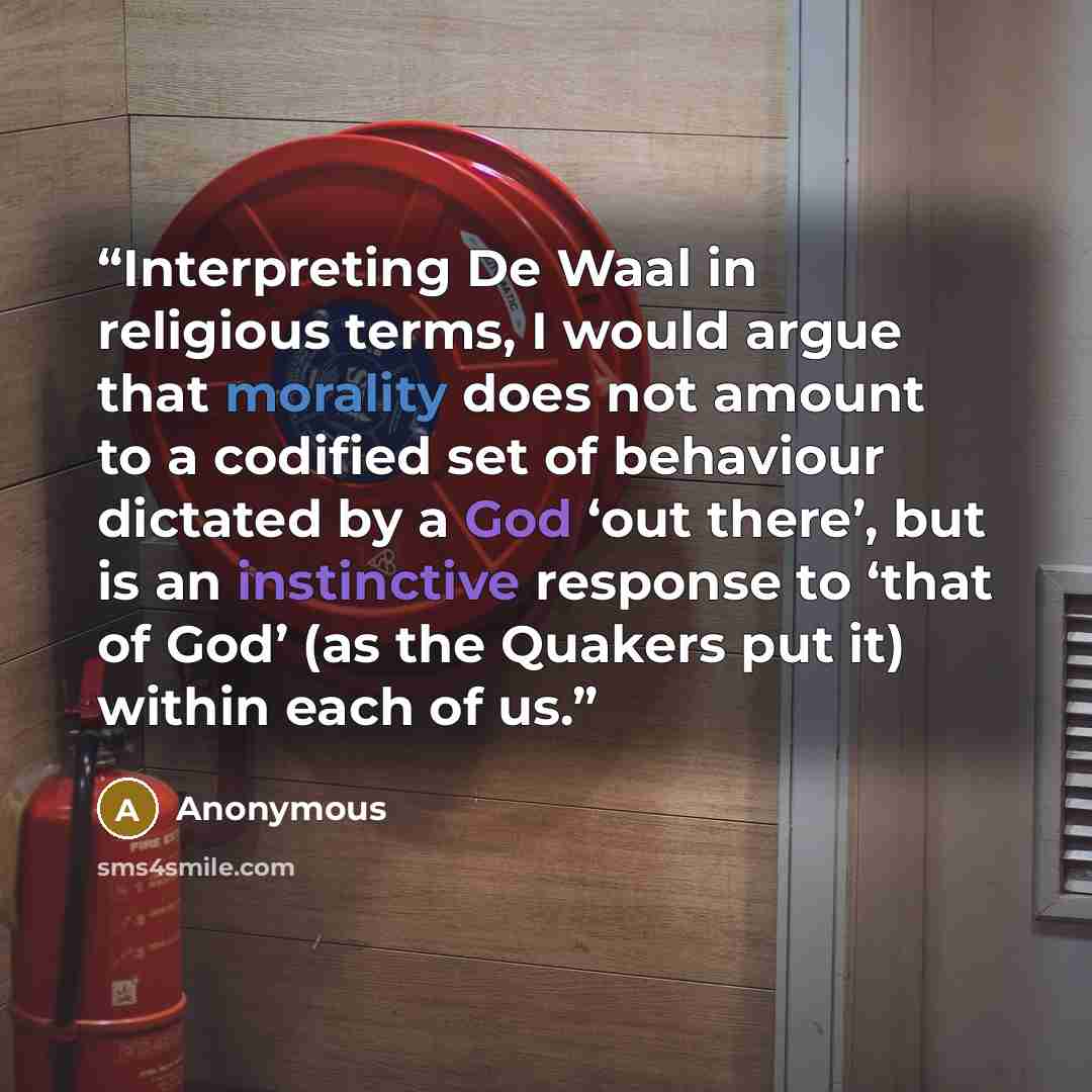 “Interpreting De Waal in religious terms, I would argue that morality does not amount to a codified set of behaviour dictated by a God ‘out there’, but is an instinctive response to ‘that of God’ (as the Quakers put it) within each of us.” quote by Anonymous
