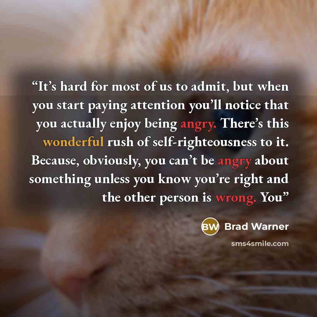 “It’s hard for most of us to admit, but when you start paying attention you’ll notice that you actually enjoy being angry. There’s this wonderful rush of self-righteousness to it. Because, obviously, you can’t be angry about something unless you know you’re right and the other person is wrong. You” quote by Brad Warner