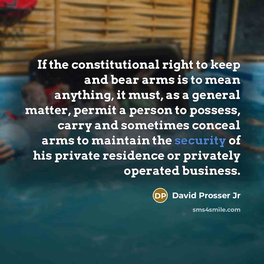 “If the constitutional right to keep and bear arms is to mean anything, it must, as a general matter, permit a person to possess, carry and sometimes conceal arms to maintain the security of his private residence or privately operated business.” quote by David Prosser Jr