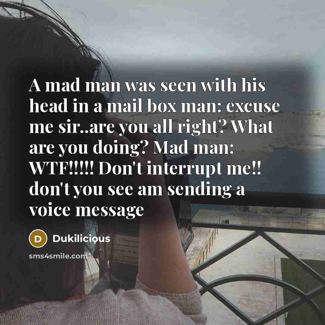 “A mad man was seen with his head in a mail box man: excuse me sir..are you all right? What are you doing? Mad man: WTF!!!!! Don't interrupt me!! don't you see am sending a voice message” quote by Dukilicious