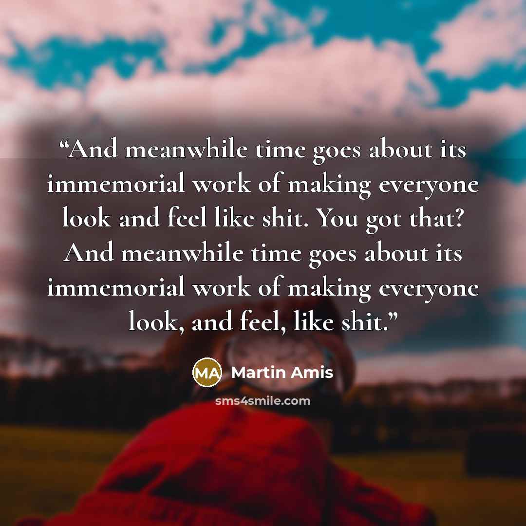 “And meanwhile time goes about its immemorial work of making everyone look and feel like shit. You got that? And meanwhile time goes about its immemorial work of making everyone look, and feel, like shit.” quote by Martin Amis