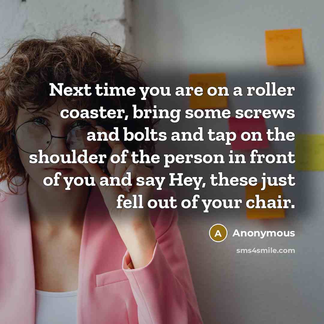 “Next time you are on a roller coaster, bring some screws and bolts and tap on the shoulder of the person in front of you and say Hey, these just fell out of your chair.” quote by Anonymous