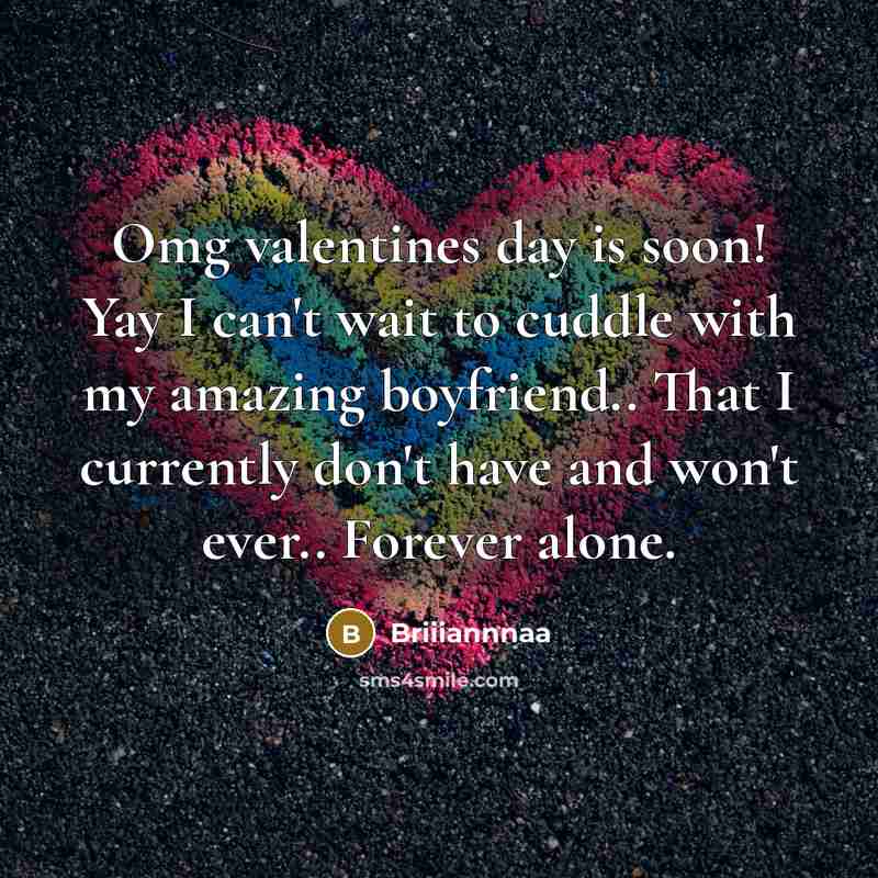 “Omg valentines day is soon! Yay I can't wait to cuddle with my amazing boyfriend.. That I currently don't have and won't ever.. Forever alone.” quote by Briiiannnaa