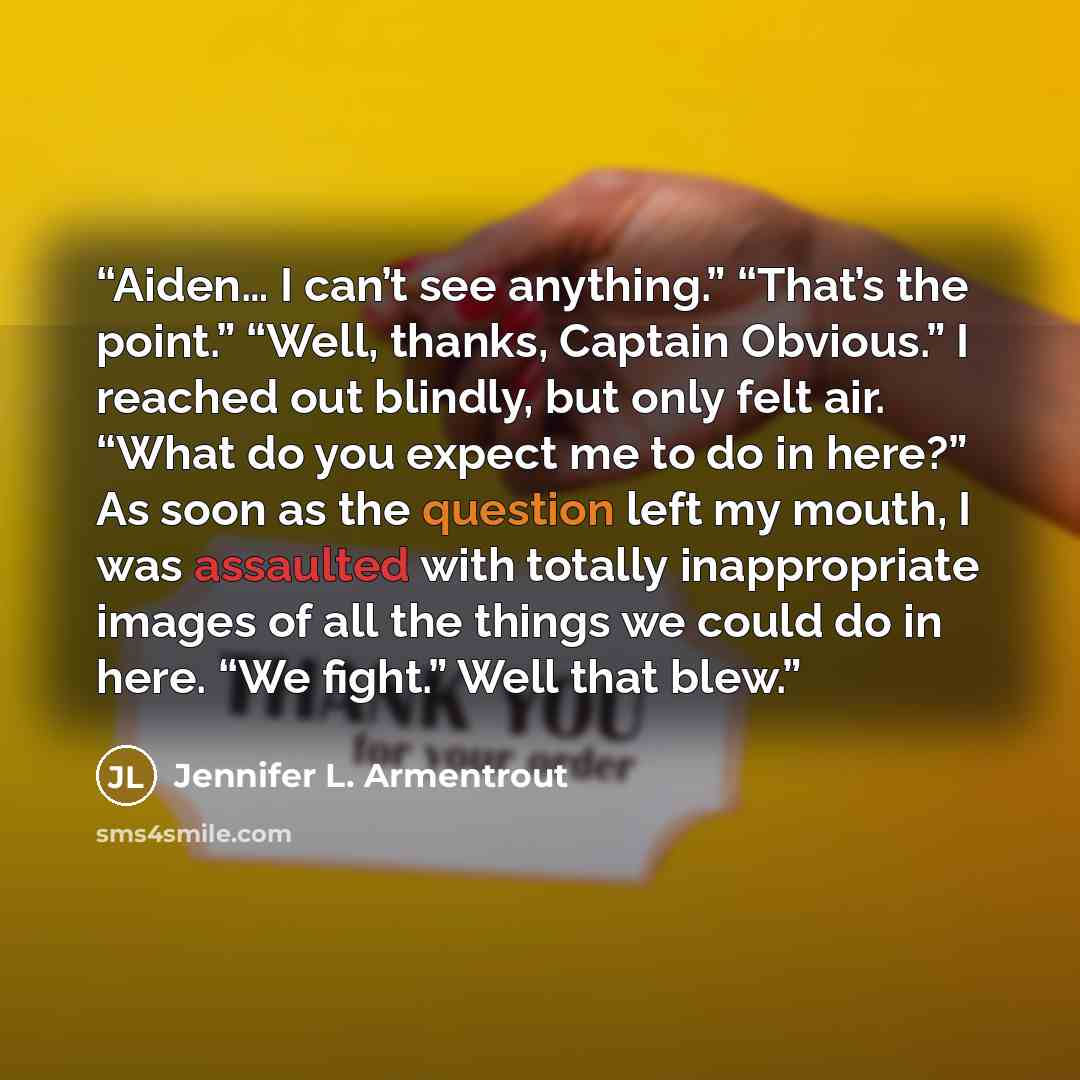 “Aiden… I can’t see anything.” “That’s the point.” “Well, thanks, Captain Obvious.” I reached out blindly, but only felt air. “What do you expect me to do in here?” As soon as the question left my mouth, I was assaulted with totally inappropriate images of all the things we could do in here. “We…” quote by Jennifer L. Armentrout