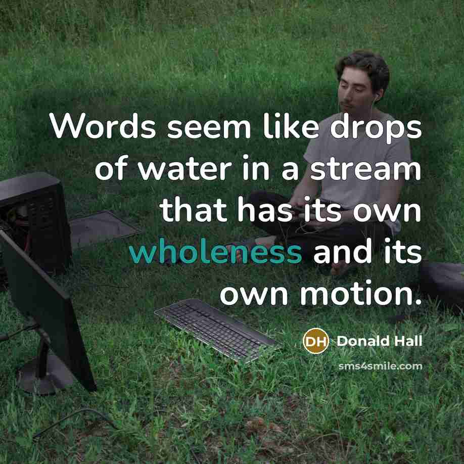 “Words seem like drops of water in a stream that…” quote by Donald Hall