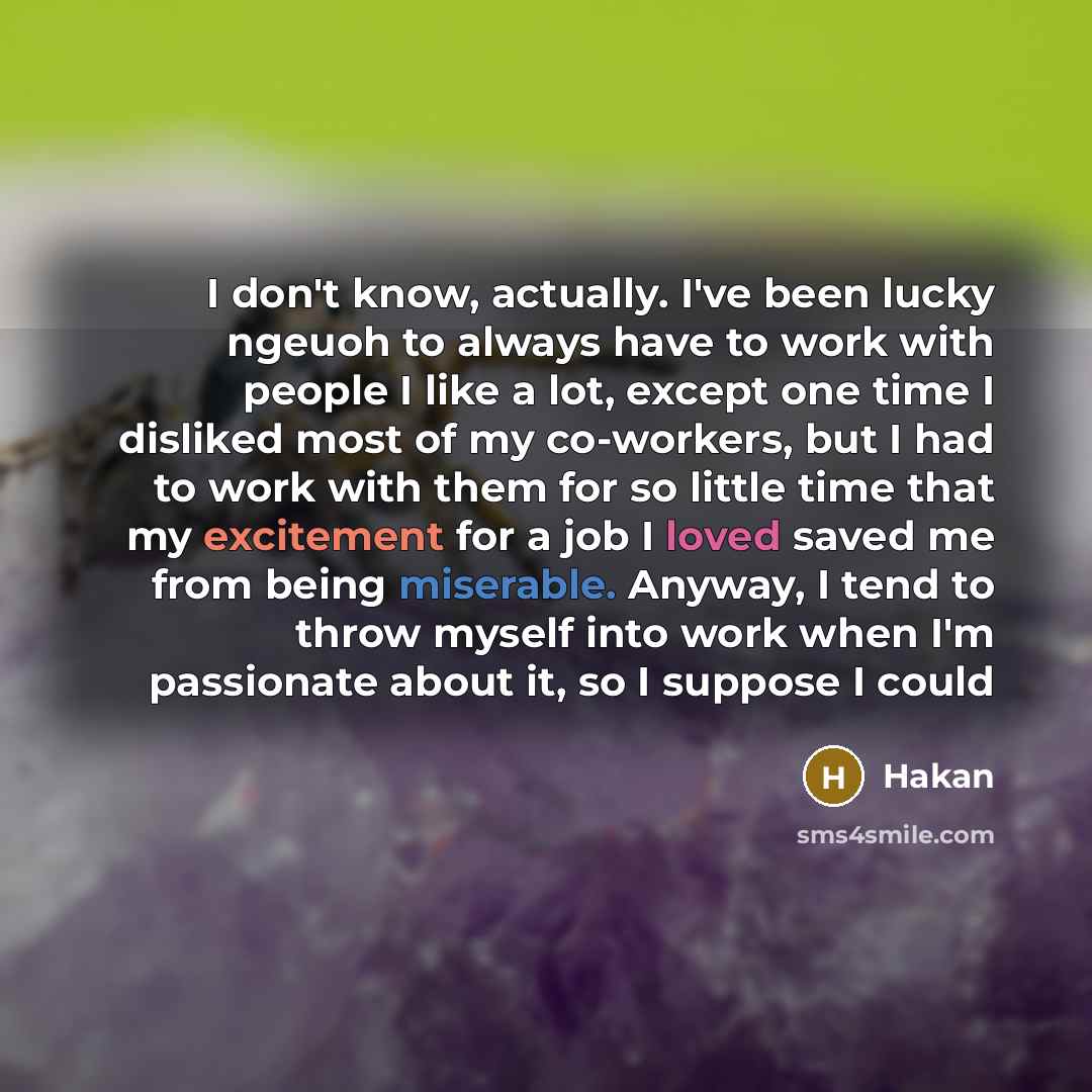 “I don't know, actually. I've been lucky ngeuoh to always have to work with people I like a lot, except one time I disliked most of my co-workers, but I had to work with them for so little time that my excitement for a job I loved saved me from being miserable. Anyway, I tend to throw myself into…” quote by Hakan