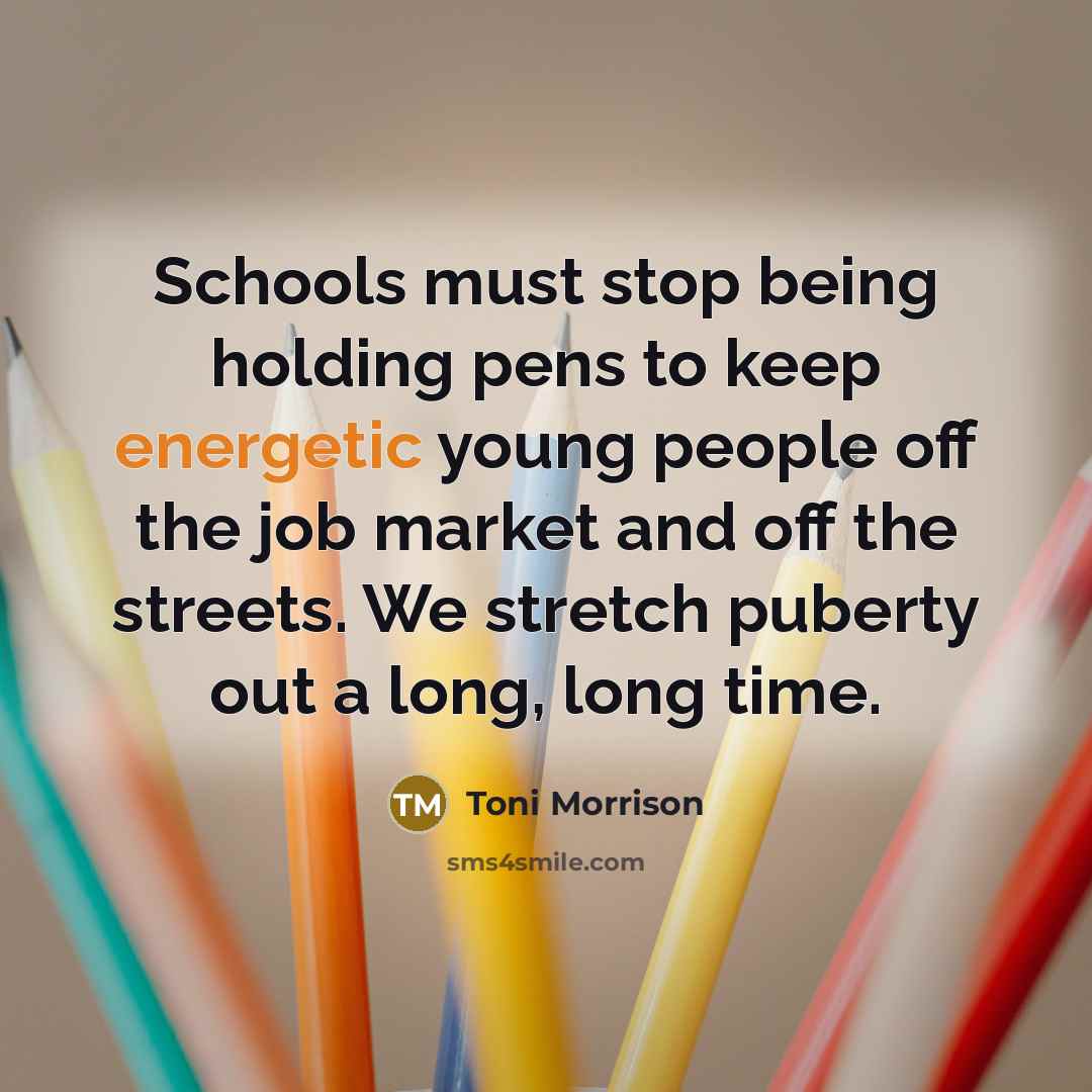 “Schools must stop being holding pens to keep energetic young people off the job market and off the streets. We stretch puberty out a long, long time.” quote by Toni Morrison