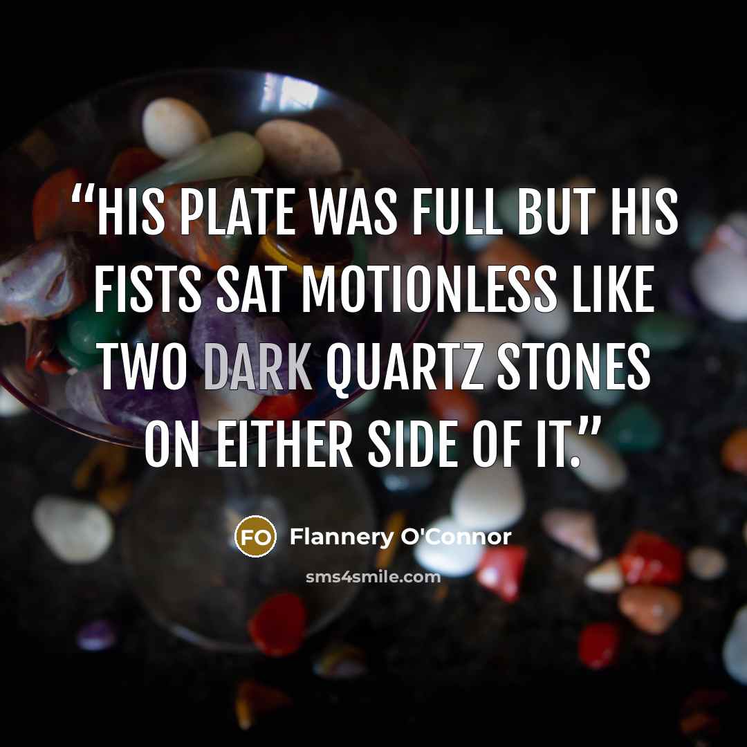 “His plate was full but his fists sat motionless like two dark quartz stones on either side of it.” quote by Flannery O'Connor