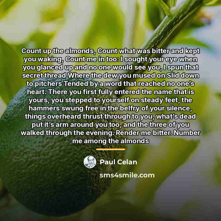 “Count up the almonds, Count what was bitter and kept…” quote by Paul Celan