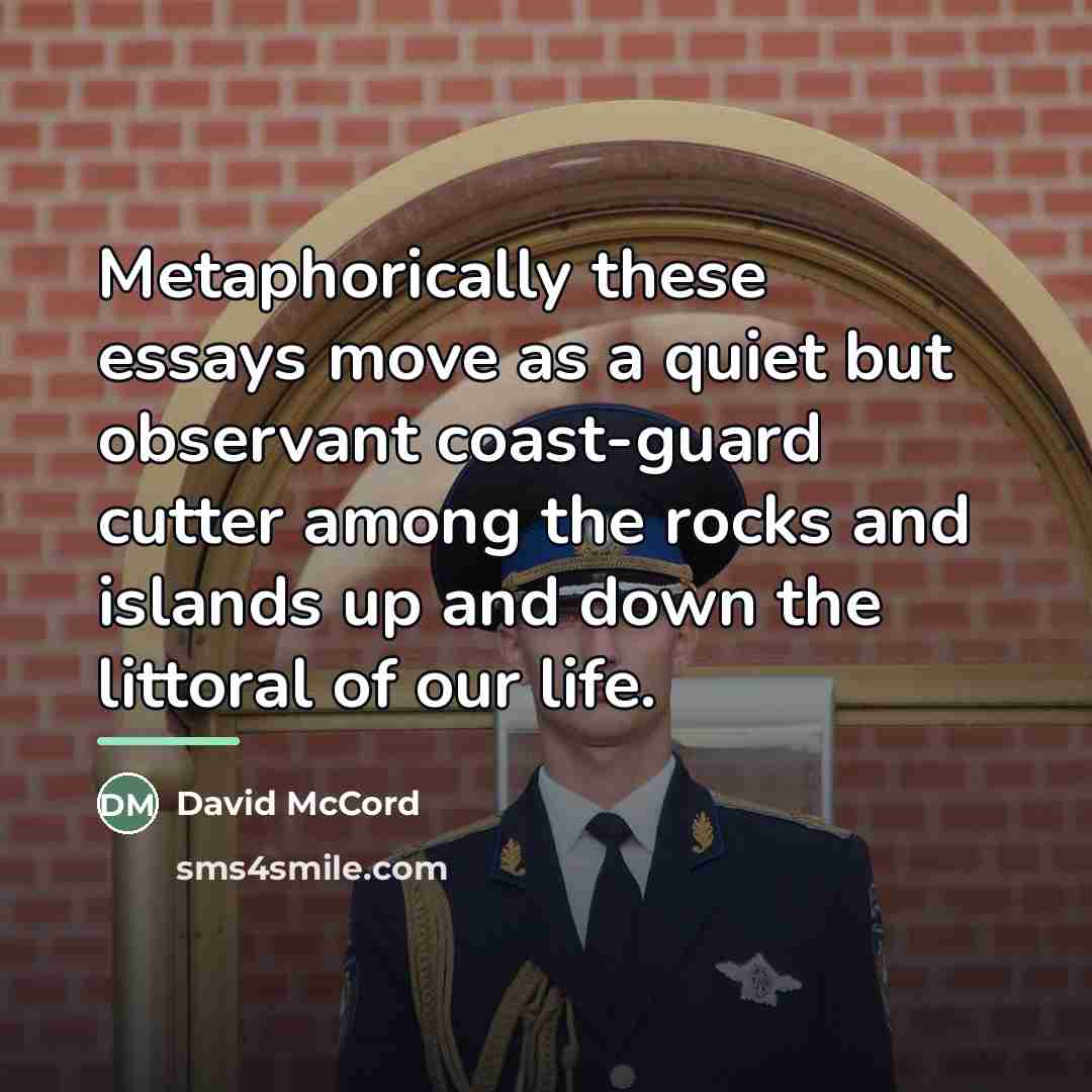 “Metaphorically these essays move as a quiet but observant coast-guard…” quote by David McCord