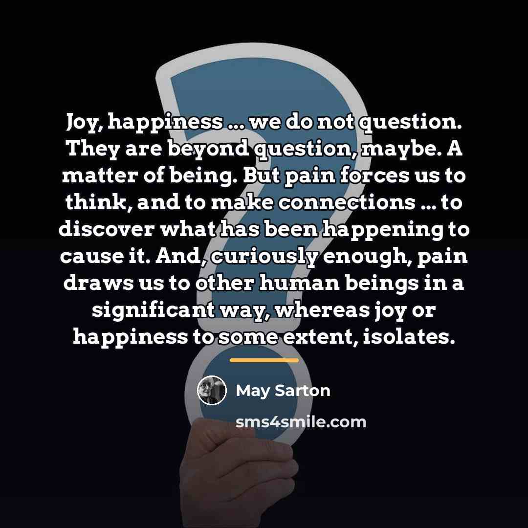 “Joy, happiness ... we do not question. They are beyond…” quote by May Sarton