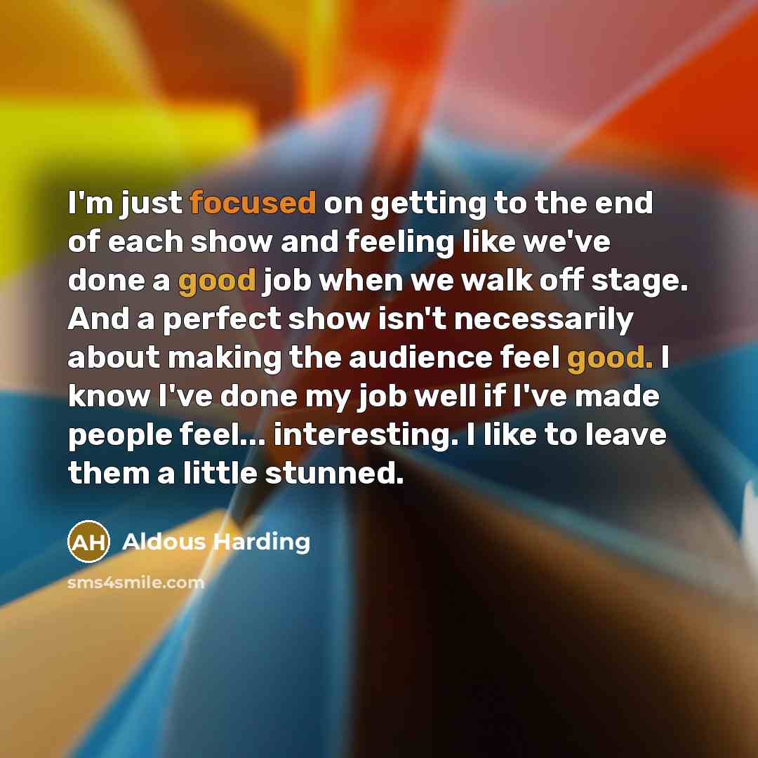 “I'm just focused on getting to the end of each show and feeling like we've done a good job when we walk off stage. And a perfect show isn't necessarily about making the audience feel good. I know I've done my job well if I've made people feel... interesting. I like to leave them a little stunned.” quote by Aldous Harding