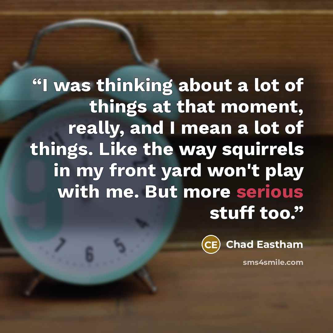 “I was thinking about a lot of things at that moment, really, and I mean a lot of things. Like the way squirrels in my front yard won't play with me. But more serious stuff too.” quote by Chad Eastham