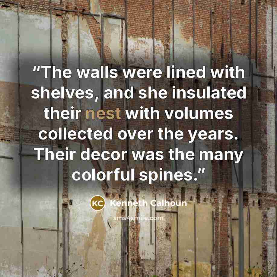 “The walls were lined with shelves, and she insulated their nest with volumes collected over the years. Their decor was the many colorful spines.” quote by Kenneth Calhoun