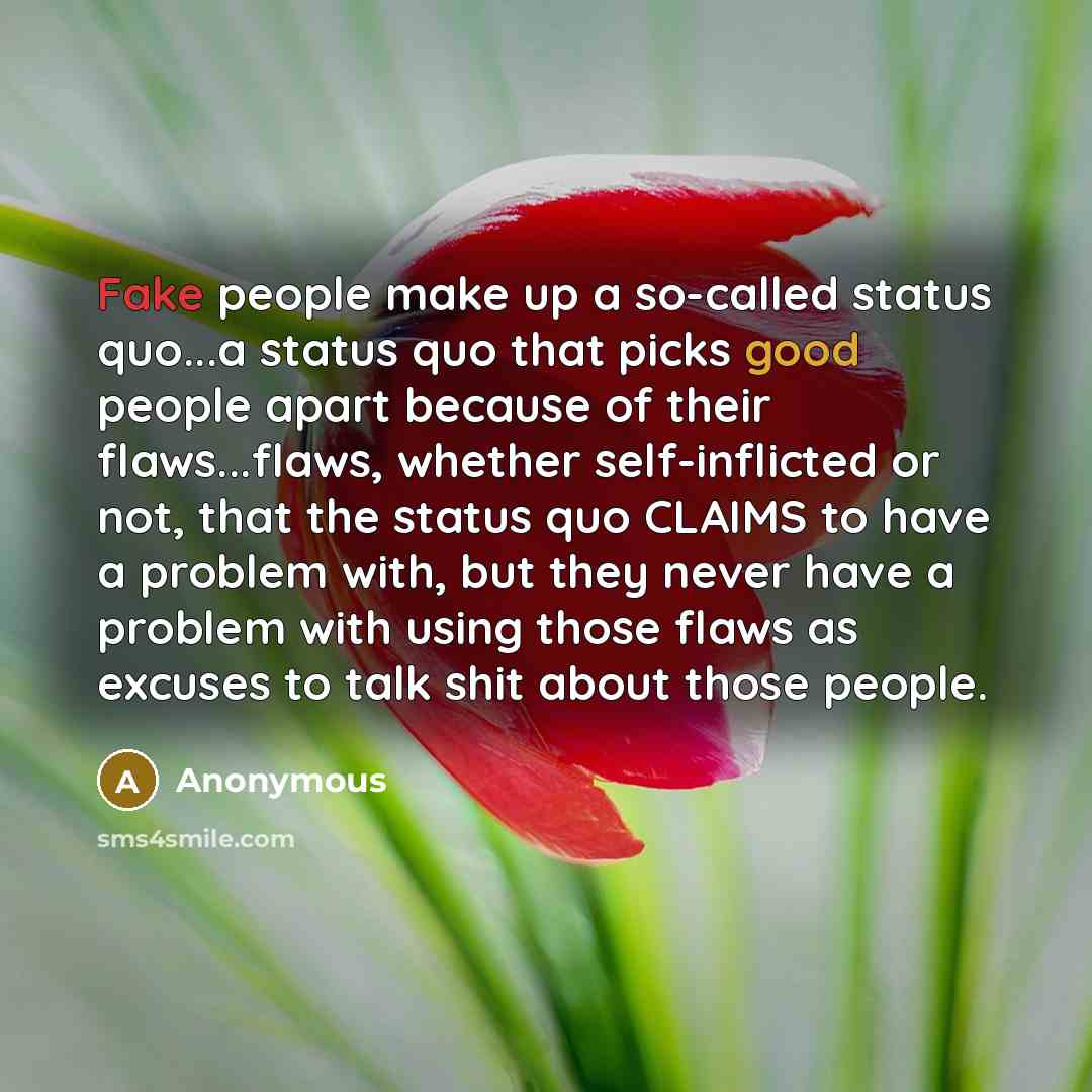 “Fake people make up a so-called status quo...a status quo that picks good people apart because of their flaws...flaws, whether self-inflicted or not, that the status quo CLAIMS to have a problem with, but they never have a problem with using those flaws as excuses to talk shit about those people.” quote by Anonymous