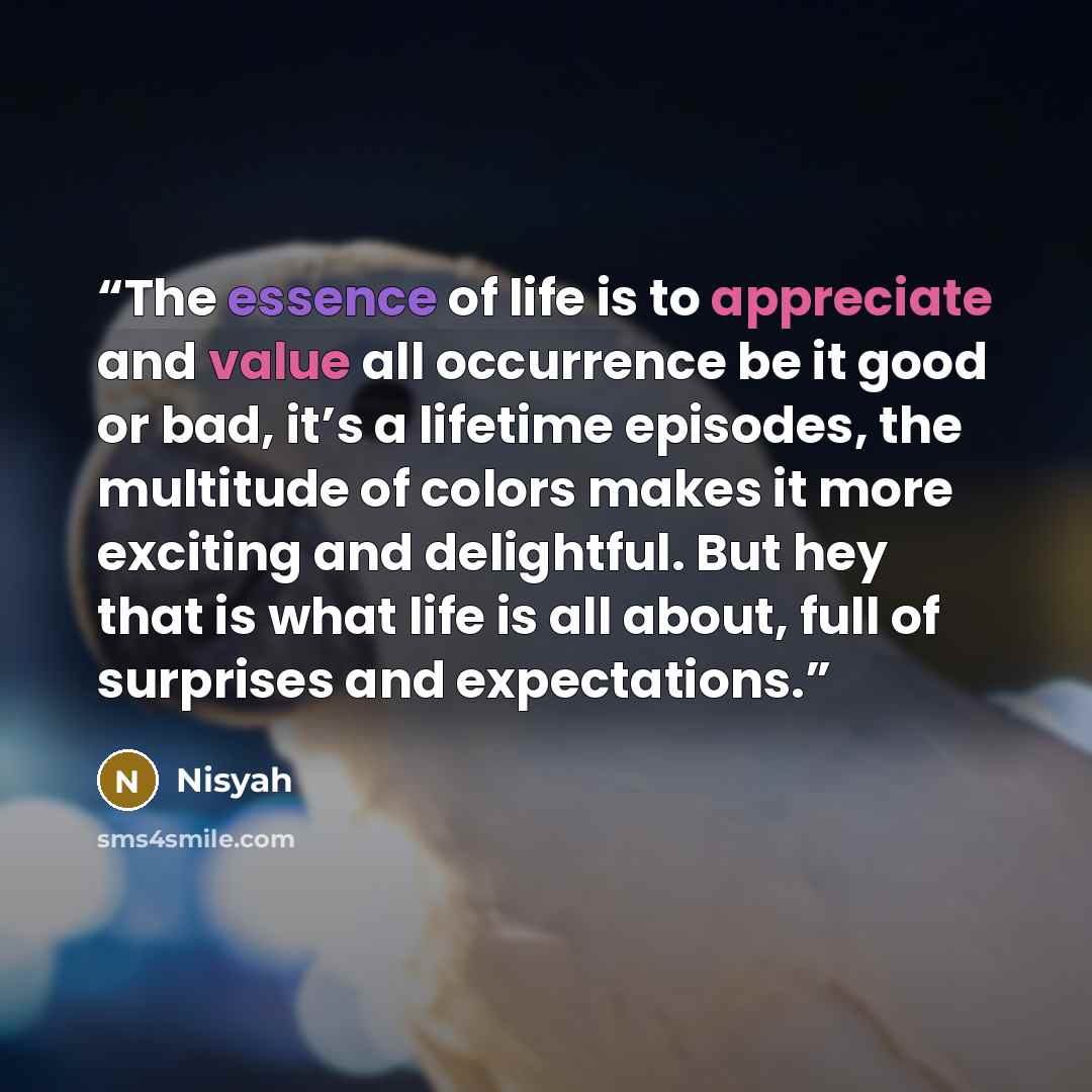 “The essence of life is to appreciate and value all occurrence be it good or bad, it’s a lifetime episodes, the multitude of colors makes it more exciting and delightful. But hey that is what life is all about, full of surprises and expectations.” quote by Nisyah