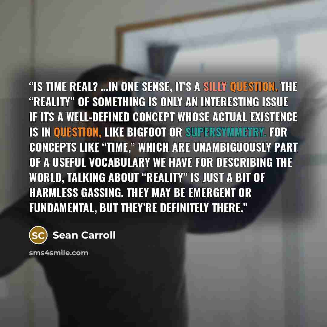 “Is time real? …In one sense, it’s a silly question. The “reality” of something is only an interesting issue if its a well-defined concept whose actual existence is in question, like Bigfoot or supersymmetry. For concepts like “time,” which are unambiguously part of a useful vocabulary we have for…” quote by Sean Carroll