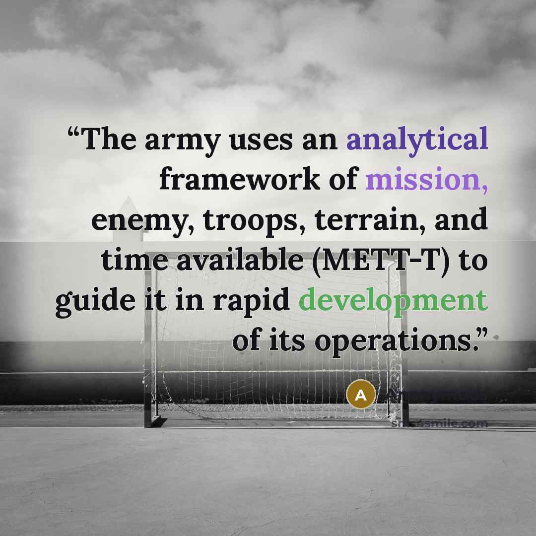 “The army uses an analytical framework of mission, enemy, troops, terrain, and time available (METT-T) to guide it in rapid development of its operations.” quote by Anonymous