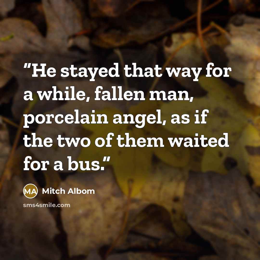“He stayed that way for a while, fallen man, porcelain angel, as if the two of them waited for a bus.” quote by Mitch Albom