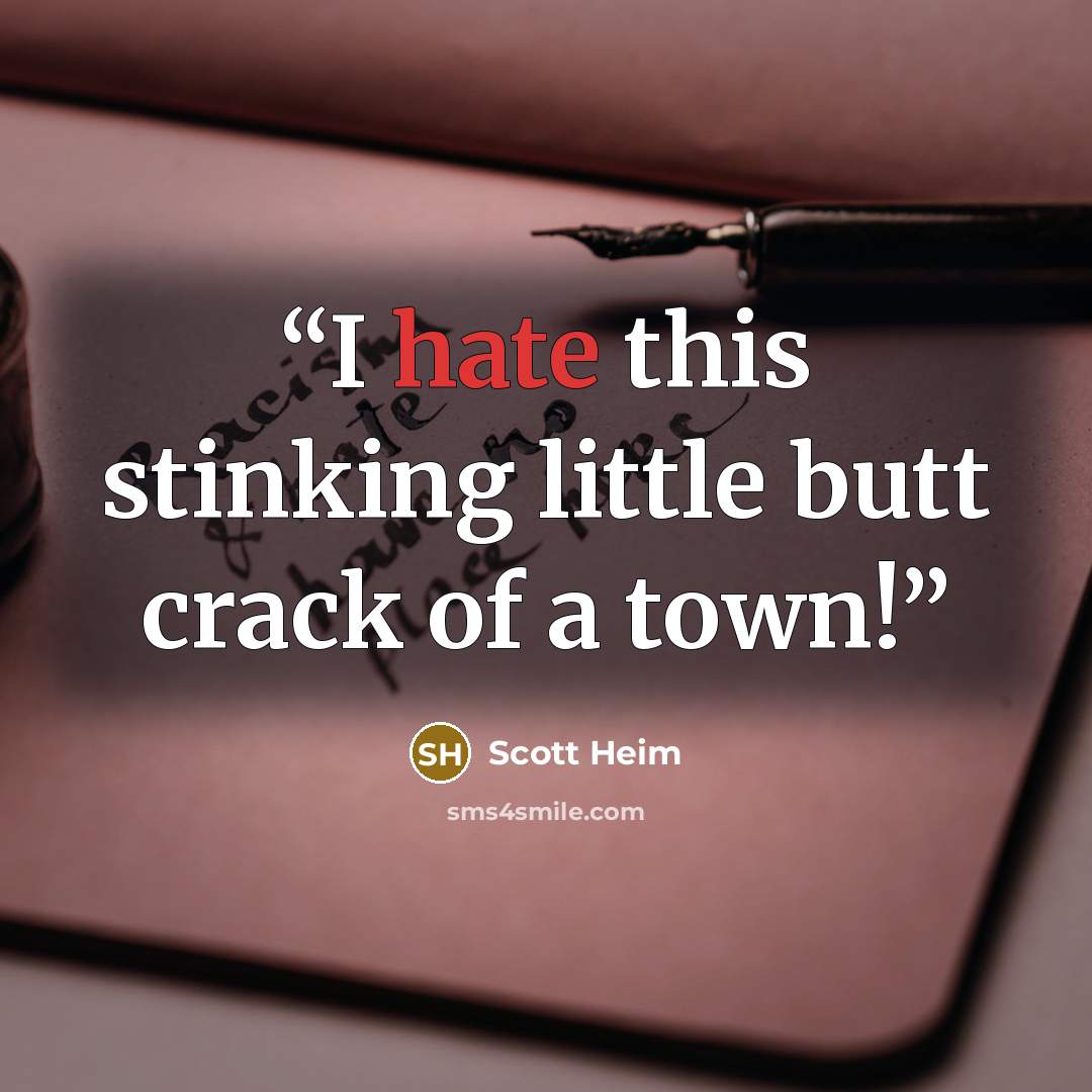 “I hate this stinking little butt crack of a town!” quote by Scott Heim