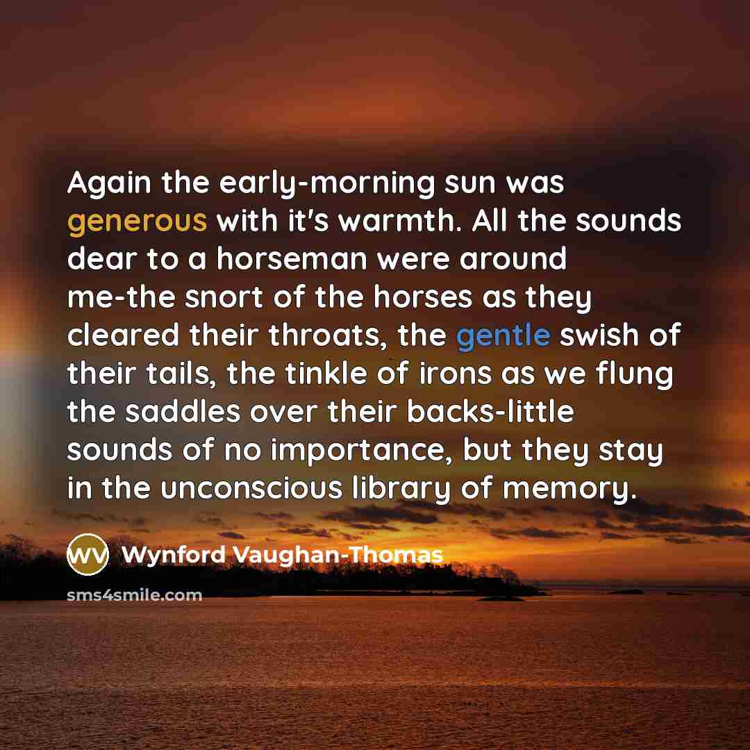 “Again the early-morning sun was generous with it's warmth. All the sounds dear to a horseman were around me-the snort of the horses as they cleared their throats, the gentle swish of their tails, the tinkle of irons as we flung the saddles over their backs-little sounds of no importance, but they…” quote by Wynford Vaughan-Thomas
