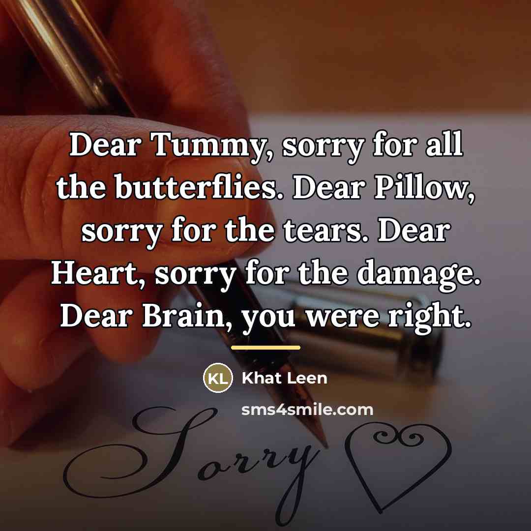 “Dear Tummy, sorry for all the butterflies. Dear Pillow, sorry…” quote by Khat Leen
