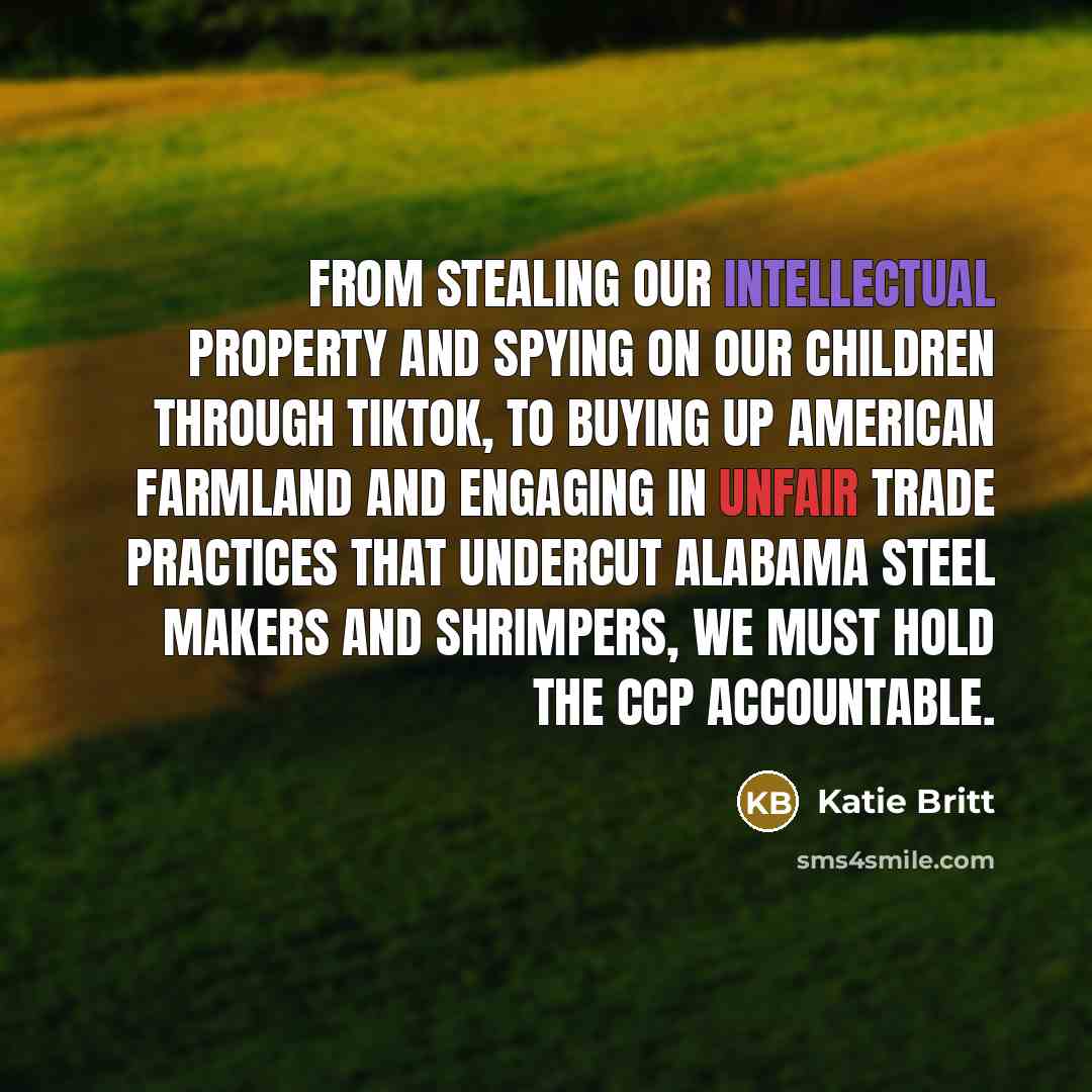 “From stealing our intellectual property and spying on our children…” quote by Katie Britt