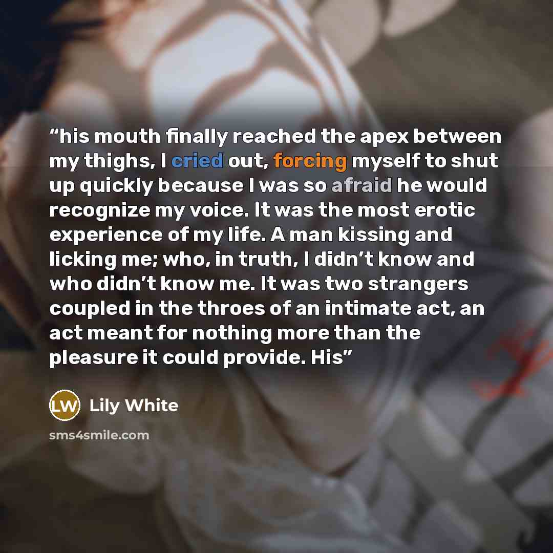 “his mouth finally reached the apex between my thighs, I cried out, forcing myself to shut up quickly because I was so afraid he would recognize my voice. It was the most erotic experience of my life. A man kissing and licking me; who, in truth, I didn’t know and who didn’t know me. It was two…” quote by Lily White