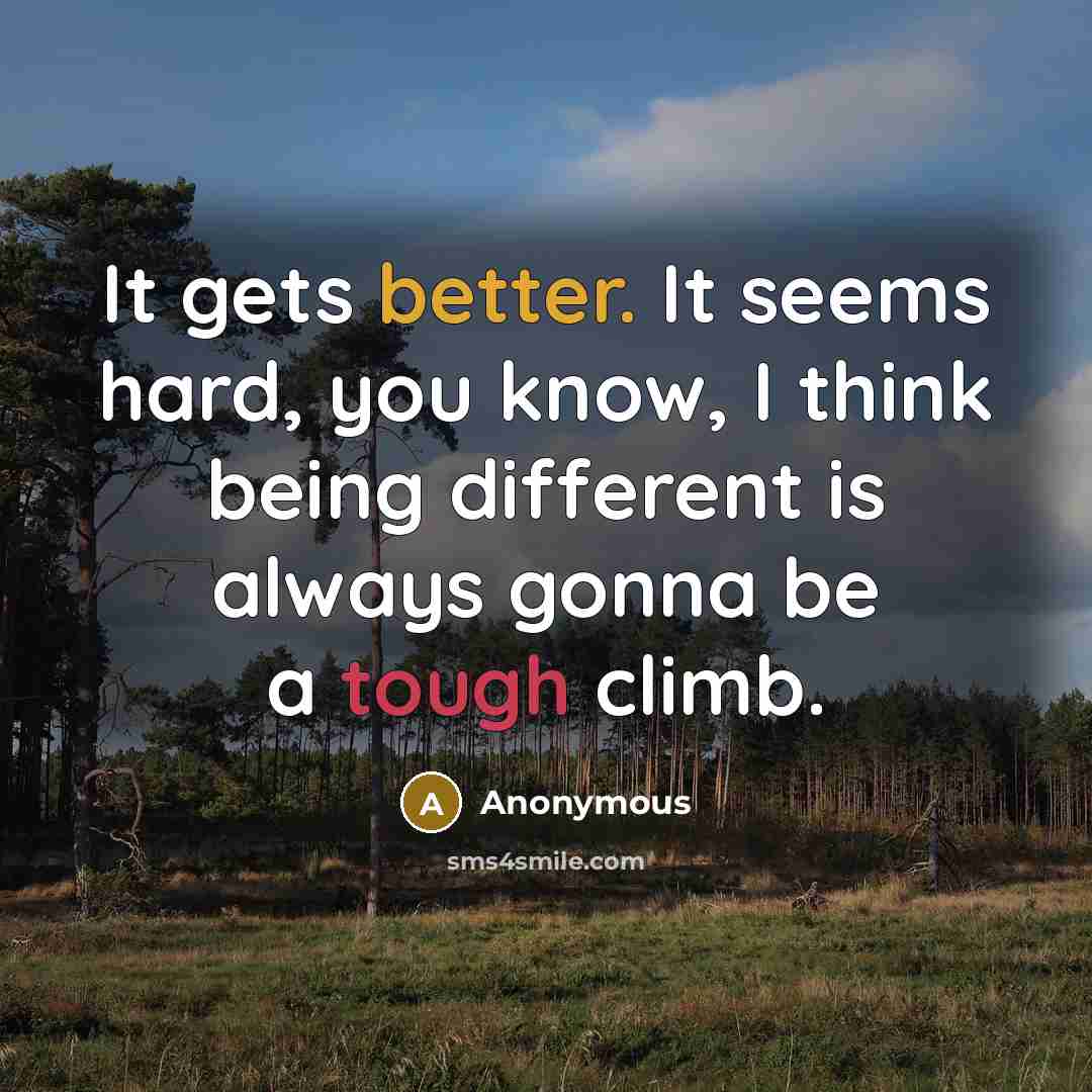 “It gets better. It seems hard, you know, I think being different is always gonna be a tough climb.” quote by Anonymous