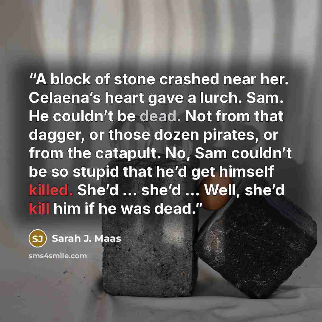 “A block of stone crashed near her. Celaena’s heart gave a lurch. Sam. He couldn’t be dead. Not from that dagger, or those dozen pirates, or from the catapult. No, Sam couldn’t be so stupid that he’d get himself killed. She’d … she’d … Well, she’d kill him if he was dead.” quote by Sarah J. Maas