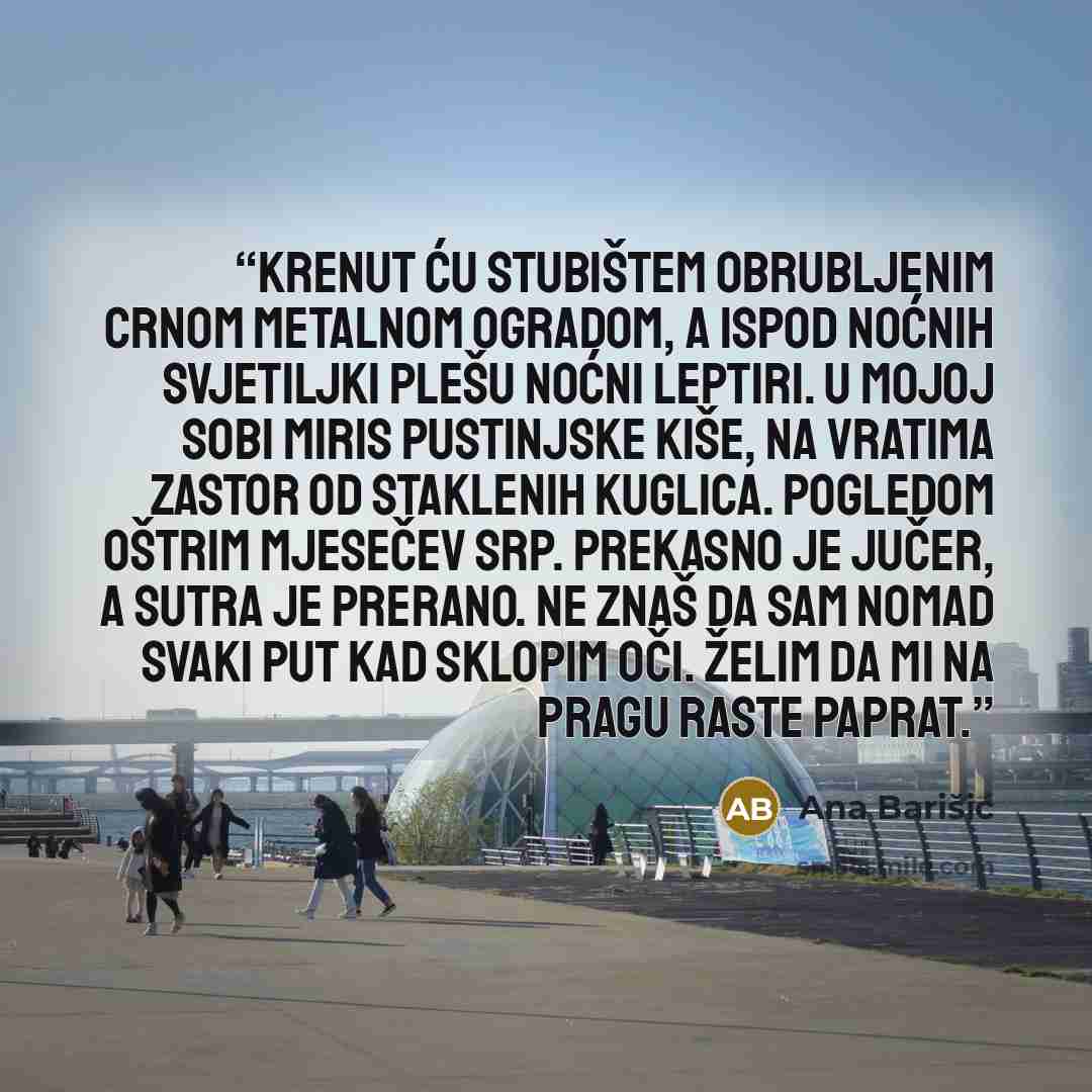 “Krenut ću stubištem obrubljenim crnom metalnom ogradom, a ispod noćnih svjetiljki plešu noćni leptiri. U mojoj sobi miris pustinjske kiše, na vratima zastor od staklenih kuglica. Pogledom oštrim mjesečev srp. Prekasno je jučer, a sutra je prerano. Ne znaš da sam nomad svaki put kad sklopim oči…” quote by Ana Barišić