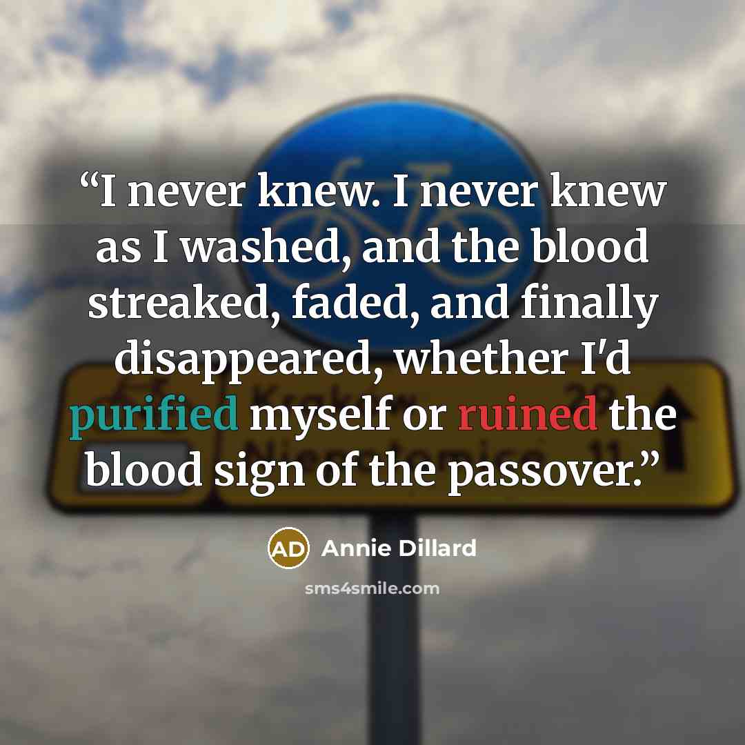“I never knew. I never knew as I washed, and the blood streaked, faded, and finally disappeared, whether I'd purified myself or ruined the blood sign of the passover.” quote by Annie Dillard