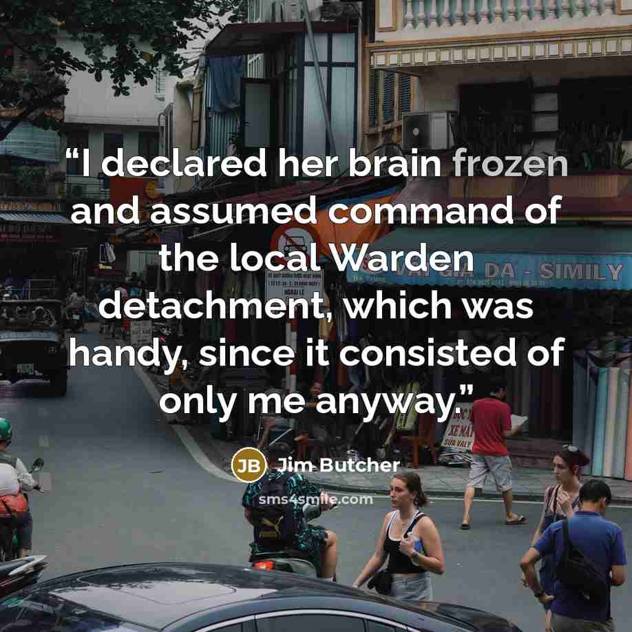 “I declared her brain frozen and assumed command of the local Warden detachment, which was handy, since it consisted of only me anyway.” quote by Jim Butcher