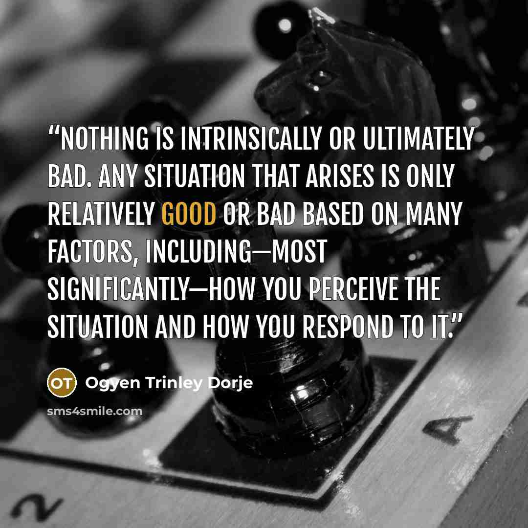 “Nothing is intrinsically or ultimately bad. Any situation that arises is only relatively good or bad based on many factors, including—most significantly—how you perceive the situation and how you respond to it.” quote by Ogyen Trinley Dorje