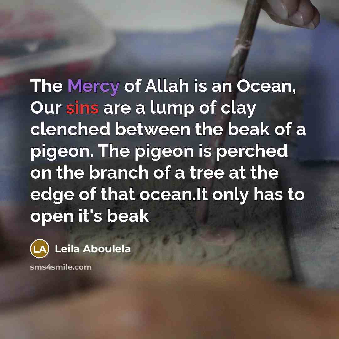 “The Mercy of Allah is an Ocean, Our sins are a lump of clay clenched between the beak of a pigeon. The pigeon is perched on the branch of a tree at the edge of that ocean.It only has to open it's beak” quote by Leila Aboulela