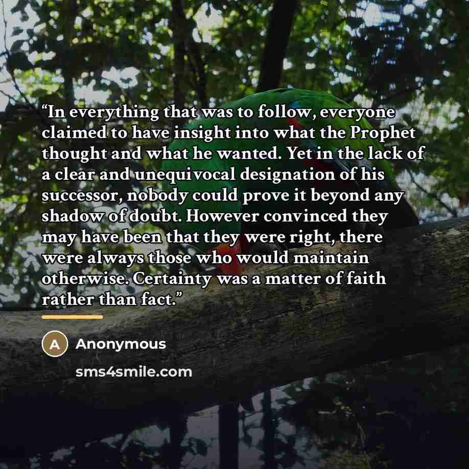 “In everything that was to follow, everyone claimed to have insight into what the Prophet thought and what he wanted. Yet in the lack of a clear and unequivocal designation of his successor, nobody could prove it beyond any shadow of doubt. However convinced they may have been that they were right…” quote by Anonymous