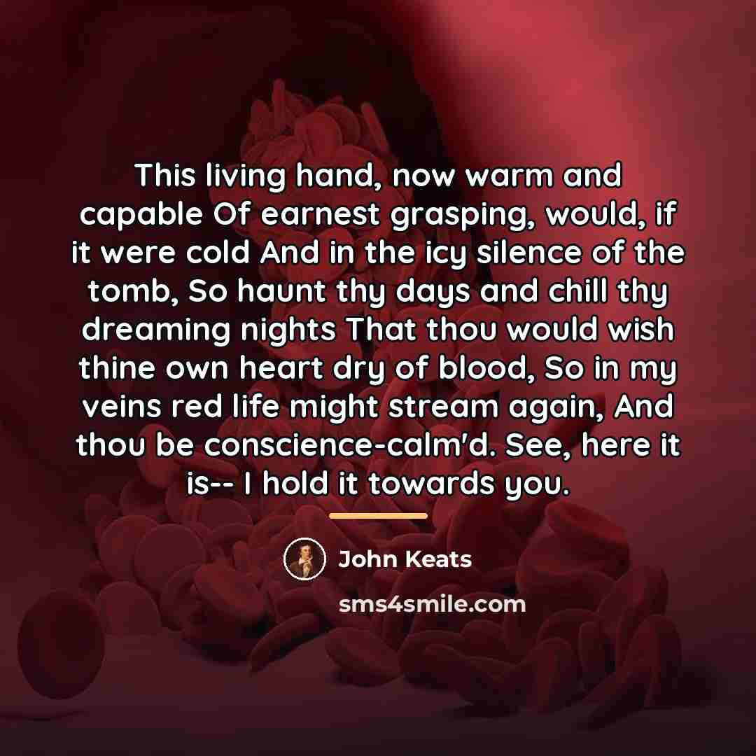 “This living hand, now warm and capable Of earnest grasping,…” quote by John Keats