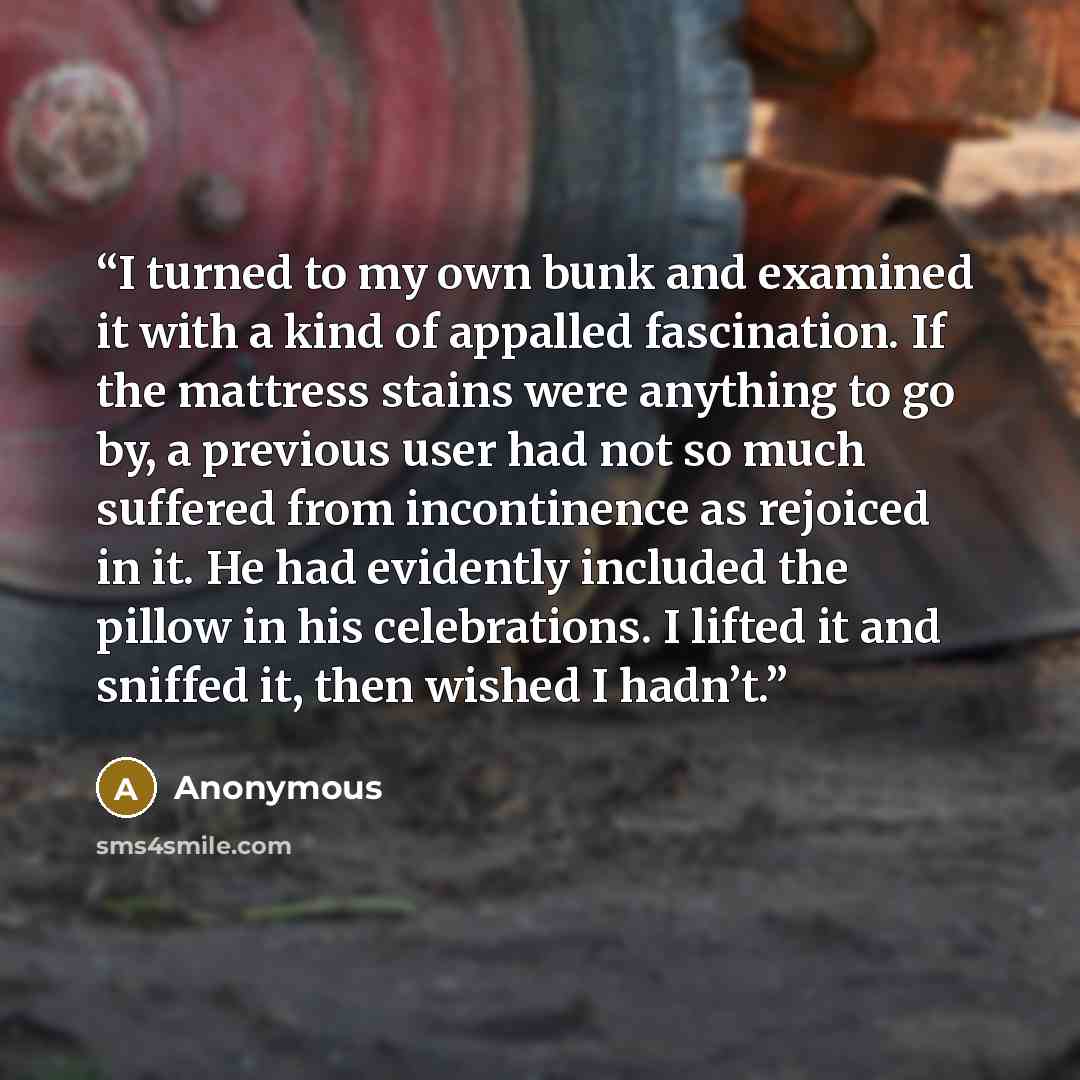 “I turned to my own bunk and examined it with a kind of appalled fascination. If the mattress stains were anything to go by, a previous user had not so much suffered from incontinence as rejoiced in it. He had evidently included the pillow in his celebrations. I lifted it and sniffed it, then…” quote by Anonymous