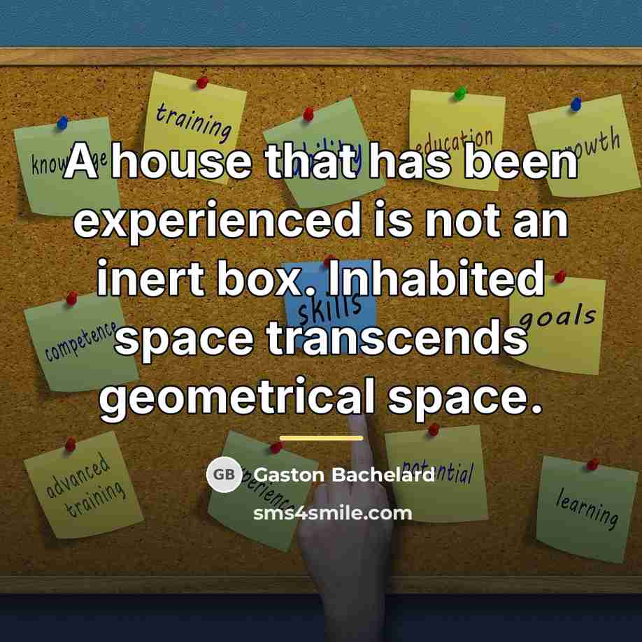 “A house that has been experienced is not an inert…” quote by Gaston Bachelard