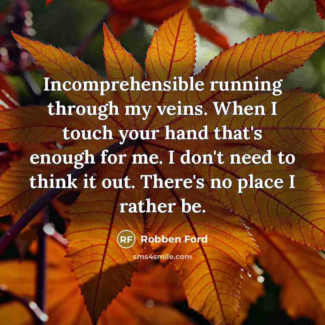 “Incomprehensible running through my veins. When I touch your hand that's enough for me. I don't need to think it out. There's no place I rather be.” quote by Robben Ford
