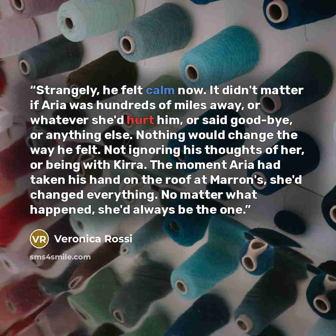“Strangely, he felt calm now. It didn't matter if Aria was hundreds of miles away, or whatever she'd hurt him, or said good-bye, or anything else. Nothing would change the way he felt. Not ignoring his thoughts of her, or being with Kirra. The moment Aria had taken his hand on the roof at Marron's…” quote by Veronica Rossi