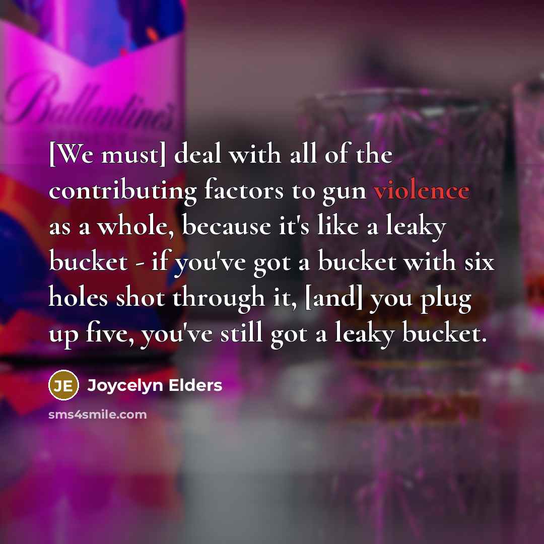 “[We must] deal with all of the contributing factors to gun violence as a whole, because it's like a leaky bucket - if you've got a bucket with six holes shot through it, [and] you plug up five, you've still got a leaky bucket.” quote by Joycelyn Elders