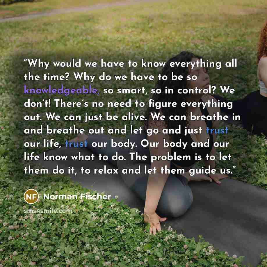 “Why would we have to know everything all the time? Why do we have to be so knowledgeable, so smart, so in control? We don’t! There’s no need to figure everything out. We can just be alive. We can breathe in and breathe out and let go and just trust our life, trust our body. Our body and our life…” quote by Norman Fischer