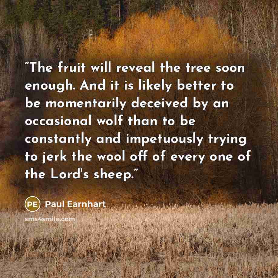 “The fruit will reveal the tree soon enough. And it is likely better to be momentarily deceived by an occasional wolf than to be constantly and impetuously trying to jerk the wool off of every one of the Lord's sheep.” quote by Paul Earnhart