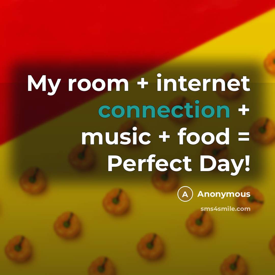 “My room + internet connection + music + food =…” quote by Anonymous