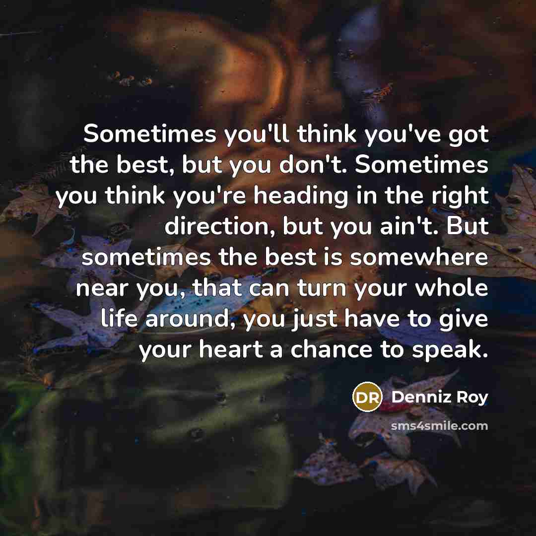 “Sometimes you'll think you've got the best, but you don't. Sometimes you think you're heading in the right direction, but you ain't. But sometimes the best is somewhere near you, that can turn your whole life around, you just have to give your heart a chance to speak.” quote by Denniz Roy